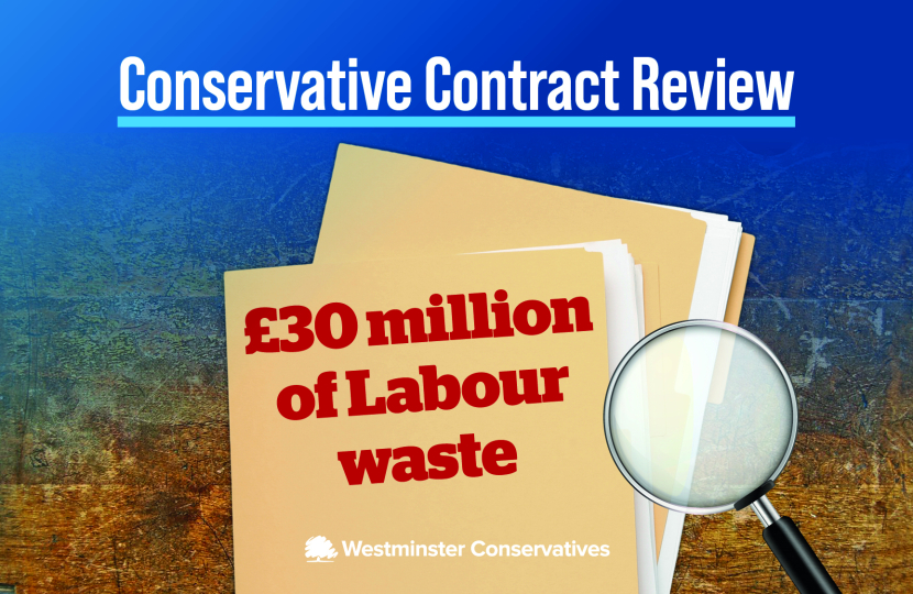 A news graphic titled Conservative Contract Review features the Conservative Group at Westminster City Council, showing folders labeled £120 million of Labour waste and a magnifying glass, highlighting scrutiny of financial waste.