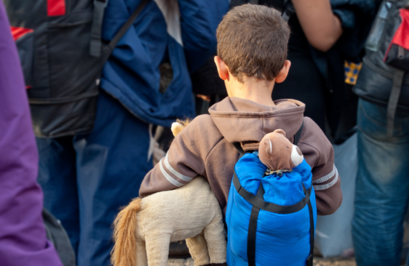A young boy with short brown hair, wearing a brown hoodie and a blue backpack holding a stuffed horse toy, stands among a group of people with backpacks, possibly waiting for transport