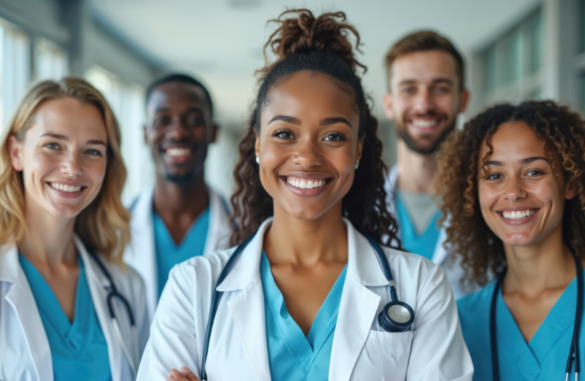 A group of five smiling healthcare professionals in scrubs and white coats stand together in a hallway, with a woman in front wearing a stethoscope around her neck