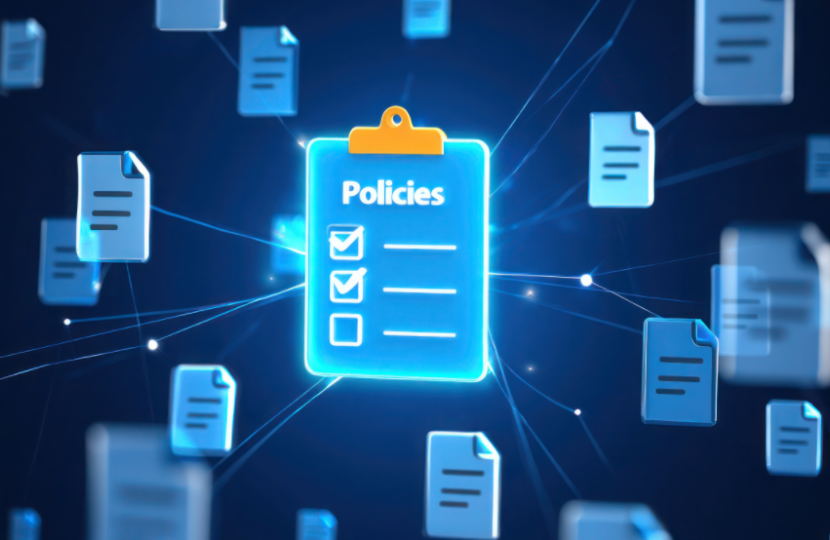 A glowing digital clipboard labeled Policies and Risk is surrounded by floating blue document icons, connected by bright lines, representing Westminster City Council’s digital risk management and policy documents in a networked environment