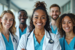 A group of five smiling healthcare professionals in scrubs and white coats stand together in a hallway, with a woman in front wearing a stethoscope around her neck