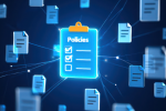 A glowing digital clipboard labeled Policies and Risk is surrounded by floating blue document icons, connected by bright lines, representing Westminster City Council’s digital risk management and policy documents in a networked environment