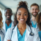 A group of five smiling healthcare professionals in scrubs and white coats stand together in a hallway, with a woman in front wearing a stethoscope around her neck