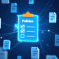 A glowing digital clipboard labeled Policies and Risk is surrounded by floating blue document icons, connected by bright lines, representing Westminster City Council’s digital risk management and policy documents in a networked environment