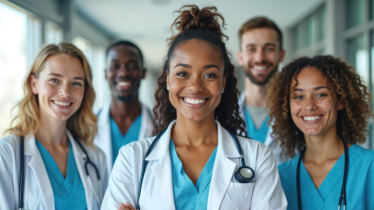 A group of five smiling healthcare professionals in scrubs and white coats stand together in a hallway, with a woman in front wearing a stethoscope around her neck