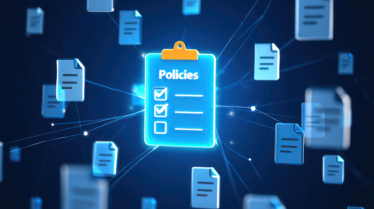 A glowing digital clipboard labeled Policies and Risk is surrounded by floating blue document icons, connected by bright lines, representing Westminster City Council’s digital risk management and policy documents in a networked environment